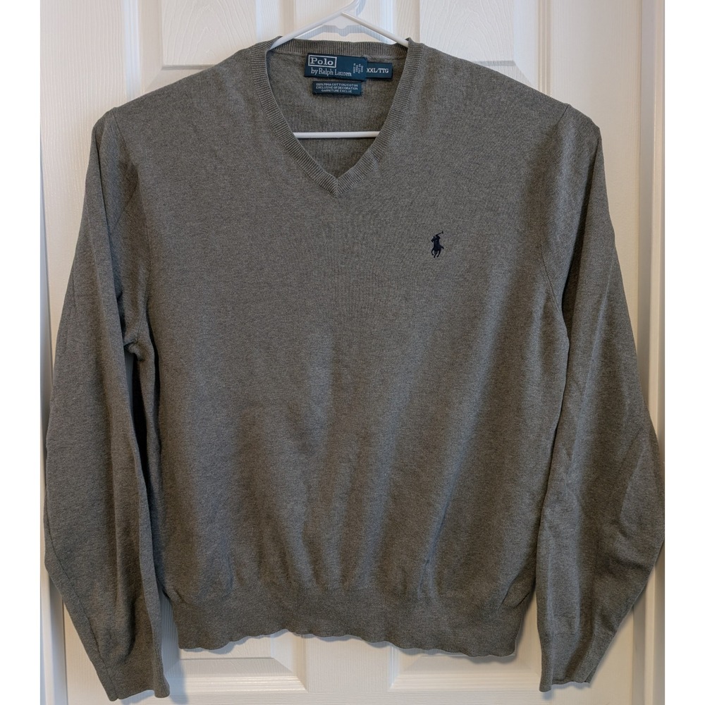 Polo Ralph Lauren Mens XXL Grey Pima Cotton V-Neck Pony Logo Sweater VERY NICE!